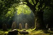 © Sergio Lucci - Moss-covered tree trunk in a mystical forest with ancient standing stones and glowing fireflies, creating an enchanted atmosphere