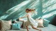 © Johannes - Blurred view of energetic young girl in dress running in trendy room with plush pillows