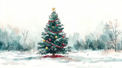 Snowy winter scene; decorated Christmas tree in a forest; holiday card