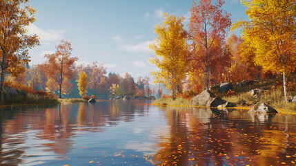 Wall Mural - A peaceful riverside setting with still waters reflecting vibrant autumn trees, under a clear, crisp sky.