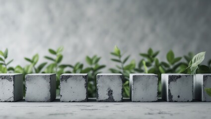 Fototapete - Concrete blocks arranged in a row with green foliage in the background and visible surface texture Copy Space