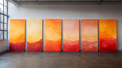 A series of paintings with a common theme of orange and yellow colors