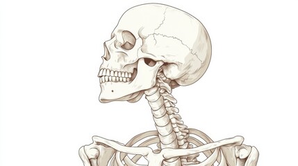 Aufkleber - Detailed anatomical illustration of a human skeleton showcasing the skull and spine in profile view. Generative AI