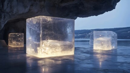 Wall Mural - Three cubes of ice are lit up and placed on a body of water