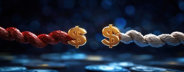 Wall Mural - Two ropes in contrasting colors are tied together with dollar signs, symbolizing financial connection and tension in economic matters.