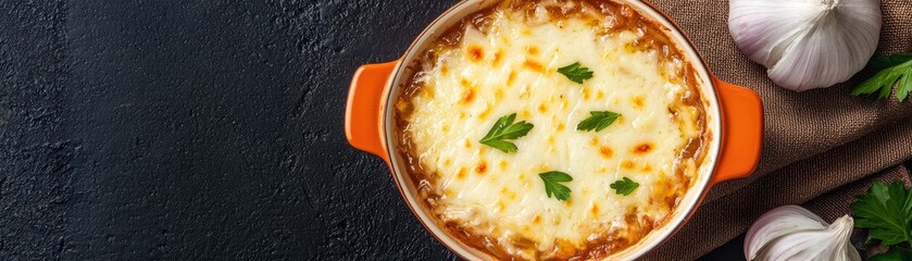 Delicious Baked Cheese Dish with Garnish in Vibrant Orange Casserole on Dark Background with Garlic