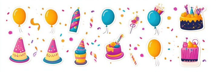 Aufkleber - Colorful festive stickers featuring balloons, cakes, party hats, and confetti create a joyful celebration atmosphere. Generative AI