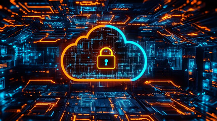 Wall Mural - a modern representation of cybersecurity with a luminous cloud icon and a padlock in the middle high