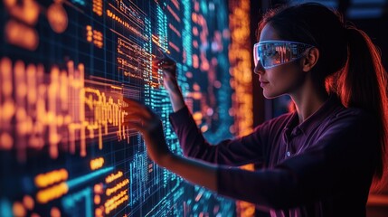 Woman interacts with futuristic data screen, night office background, technology concept