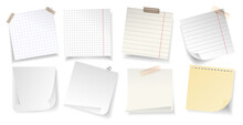 Blank paper notes with different textures, ribbons and curled corners realistic style collection, ideal for presentations, stationery design and educational materials.Vector illustration