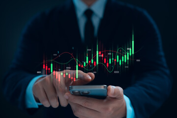 Investors show virtual screen stock market index chart, smartphone application to invest in global assets, technical price charts and indicators, analysis charts and investment strategies.