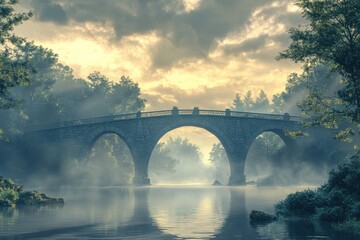 Wall Mural - Misty morning at a stone bridge over a tranquil river surrounded by lush trees