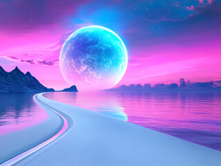 a surreal, alien landscape with a large, glowing planet in the background, surrounded by vibrant pink and blue atmospheric effects. The foreground features a frozen, icy terrain with clouds