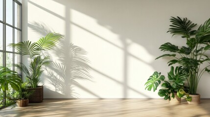 Wall Mural - Sunlight streams through window onto plants in minimalist room