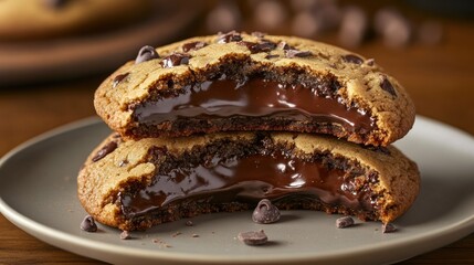 Warm chocolate chip cookies with gooey chocolate filling on a plate