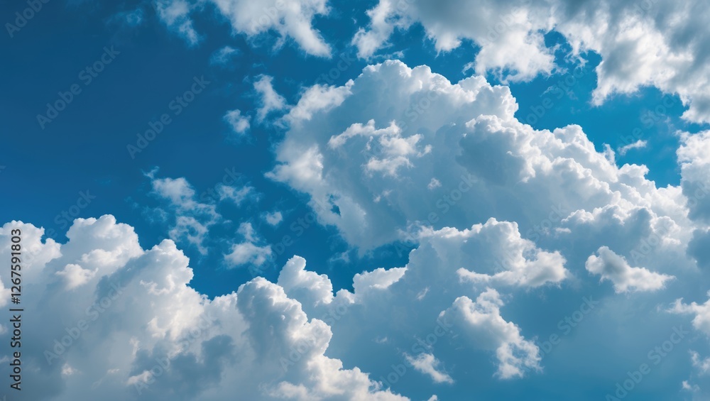 Fluffy white clouds floating in a clear blue sky creating a serene and ...