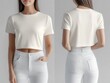 © WE.ARE.AI - Women crop t-shirt mockup. A model showcases a stylish, cropped white t-shirt paired with textured light pants, highlighting contemporary fashion trends.