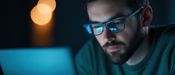 man wearing blue light glasses looking at computer screen