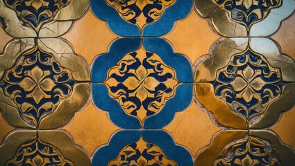 Aufkleber - Golden Ottoman Turkish tiles featuring intricate geometric patterns in blue and gold hues, ideal for cultural and architectural designs.