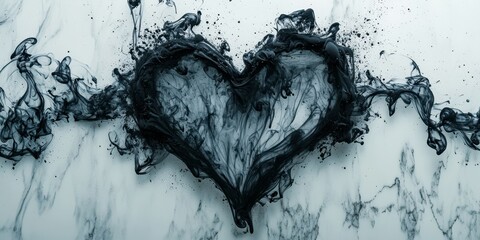 Wall Mural - Creative depiction of a black heart formed with swirling patterns on a marble background showcasing emotion and artistry