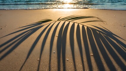 Poster - Palm leaf shadow on sandy beach with sparkling sunlit water creating a tranquil tropical atmosphere at golden hour.
