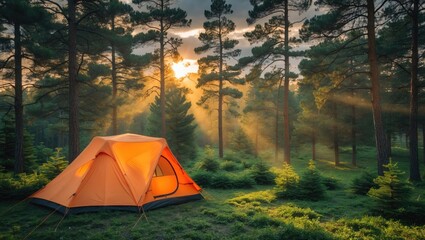 Aufkleber - Vibrant Orange Tent Glowing in Green Pine Forest as Sun Rays Illuminate Serene Nature Scene at Sunset