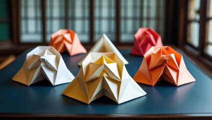 Poster - Colorful origami designs displayed on a wooden table showcasing intricate paper folding art in a serene indoor environment.