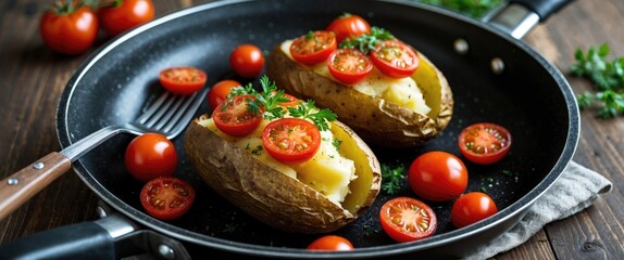 Baked potatoes topped with fresh tomatoes and herbs in a skillet on a rustic wooden table, showcasing delicious home-cooked comfort food.