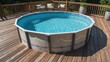 © AImmersive Imagery - Stylish above ground swimming pool surrounded by wooden deck, ideal for summer relaxation and outdoor leisure activities.