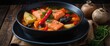 © AImmersive Imagery - Salmon Fish Soup Featuring Carrots, Potatoes, and Red Peppers in Black Bowl on Rustic Wooden Table High Angle View Delicious Comfort Food