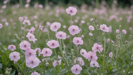 Poster - Pale Pink Wild Mallow Flowers Blooming in a Summer Meadow Creating a Serene Natural Landscape