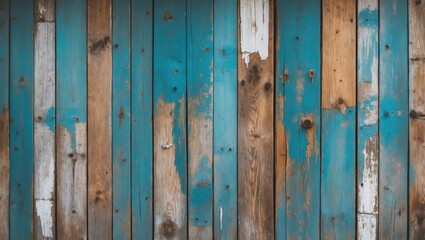 Aufkleber - Weathered painted wooden wall with blue and brown tones offering rustic texture for creative backgrounds and design projects.