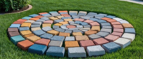 Colorful Nested Pavers in a Circular Pattern Surrounded by Lush Green Grass in a Stylish Garden Setting with Space for Text Overlay