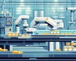 © Ytnart - A modern industrial scene depicting advanced robotic arms working in a factory. The background showcases streamlined machinery and a clean, efficient workspace.
