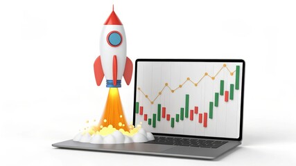 Aufkleber - A rocket launching from a laptop screen with growth charts, symbolizing innovation and progress.
