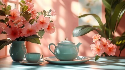 Wall Mural - A table with a teapot, cup, saucer, and a vase of pink flowers