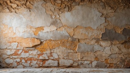 Wall Mural - Texture of aged weathered wall with peeling paint and stone for use in background or artistic design concepts.