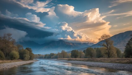 Wall Mural - Tranquil River Flowing Through Lush Trees Under Dramatic Clouds and Majestic Mountains at Sunset