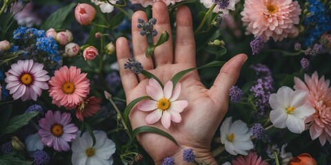 Wall Mural - Hand Holding Colorful Flowers Surrounded by Blossoms with Space for Text Overlay in a Vibrant Floral Setting