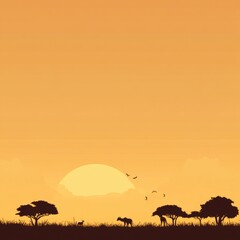 Poster - Beautiful sunset over African savanna with silhouetted animals and trees in serene atmosphere. Generative AI