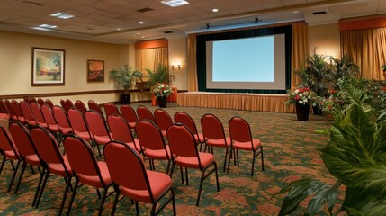 Corporate event space in a modern hotel with rows of chairs facing a large LED screen for presentations.