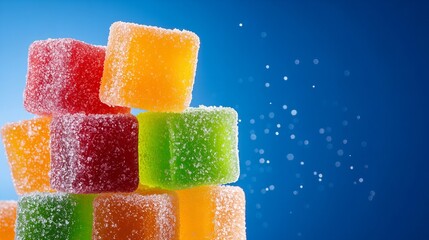 A vibrant stack of colorful, sugary cubes of jelly candy against a blue background.