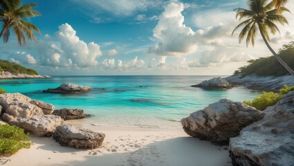 Fototapete - Tranquil Beachscape with Turquoise Waters and Lush Palm Trees Ideal for Tropical Vacation Themes and Relaxation Promotions