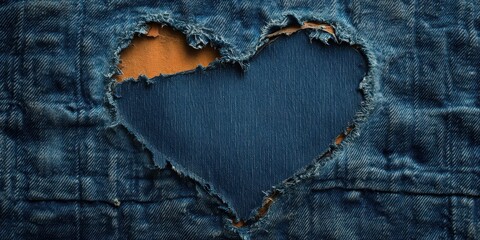 Wall Mural - Heart-shaped hole in denim fabric showcases creativity and unique design elements for fashion enthusiasts and crafters