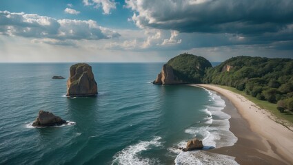 Fototapete - Coastal Landscape with Elephant Rock and Dramatic Skies Over Tranquil Beach and Serene Ocean Waves on a Summer Day