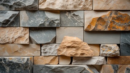 Wall Mural - Textured natural stone wall with various shapes and colors for background or surface design applications. Perfect for modern architecture and decor.