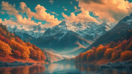 Wall Mural - Majestic mountain landscape in autumn showcasing colorful foliage and serene lake under a dramatic cloudy sky.