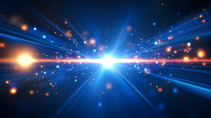 Wall Mural - abstract blue light speed background with laser rays and glowing flare in the center, motion blur ef