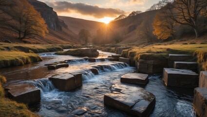 Fototapete - Autumn Sunrise Over Scenic Valley With Rapids And Unique Rock Formations Highlighting Natural Heritage And Tranquil Beauty