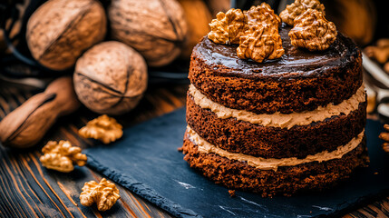 Poster - Layered chocolate cake with walnuts, placed on a slate board with a wooden nutcracker and walnuts around it.